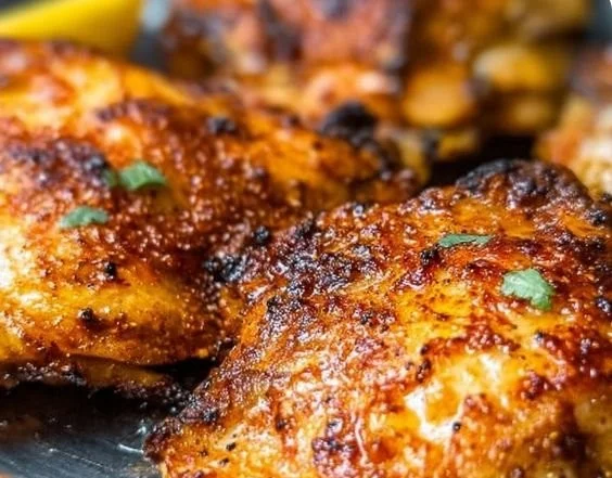 Crispy air fryer chicken thighs served on a plate with herbs