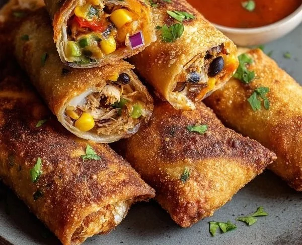 Crispy baked Southwest Chicken Eggrolls served with spicy dipping sauce