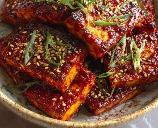 Crispy gochujang tofu served on a plate with garnishes