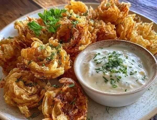 Crispy mini bloomin' onions with creamy ranch dip on a platter