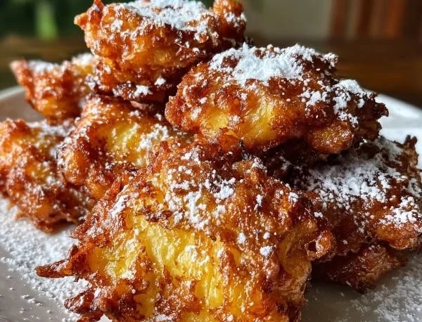 Crispy pineapple fritters served on a plate, golden-brown and delicious.