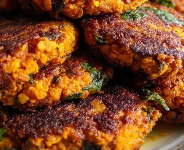 Crispy sweet potato and red lentil patties served on a plate