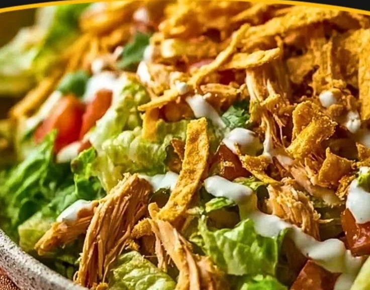 Crispy taco chicken salad with fresh vegetables and toppings