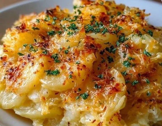 Delicious Crockpot Cheesy Potato Casserole served in a dish