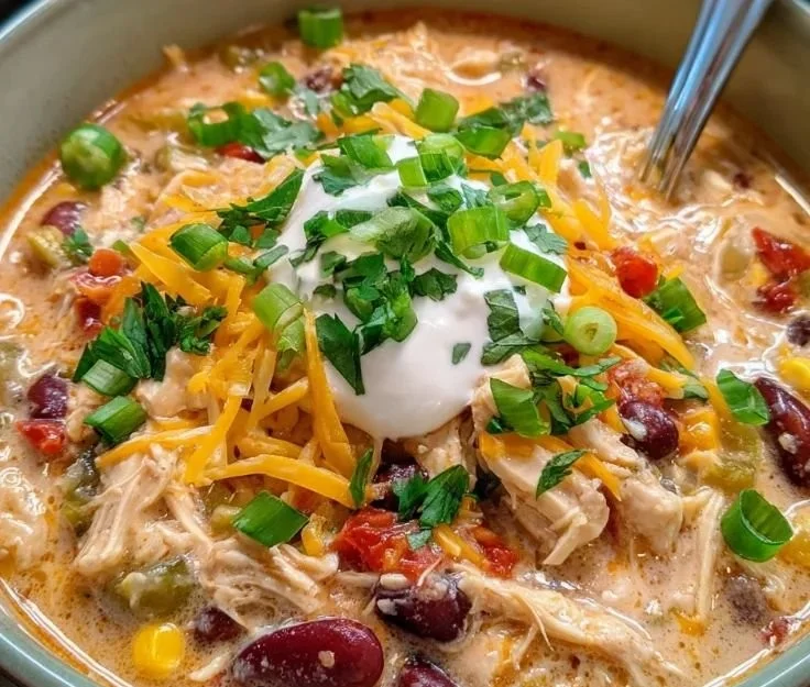 Crockpot Cream Cheese Chicken Chili in a bowl with toppings