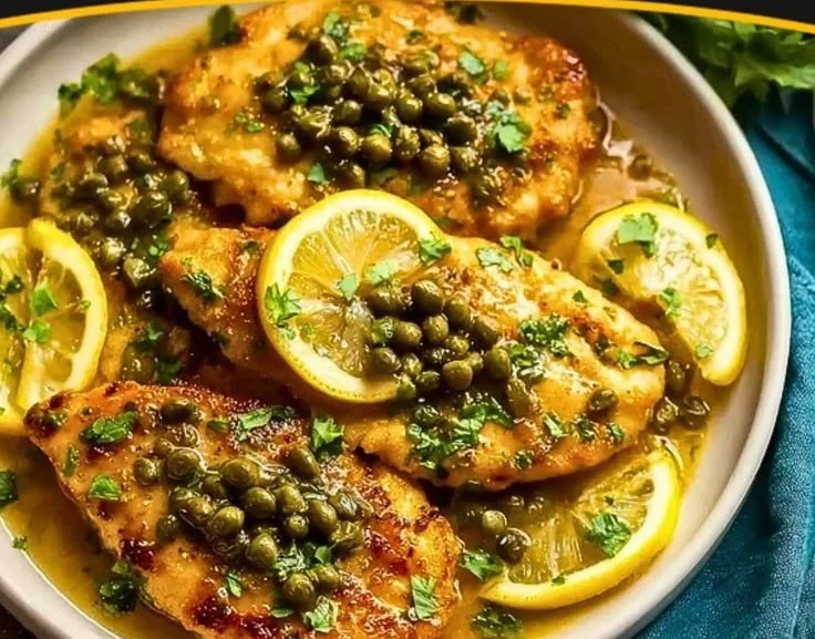 Crockpot Garlic Chicken Piccata served on a plate with lemon and parsley garnish.