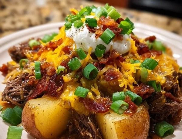 Crockpot loaded steak and potato bake in a serving dish.