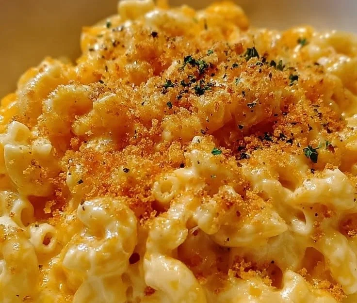 Delicious bowl of creamy Crockpot Mac and Cheese garnished with herbs