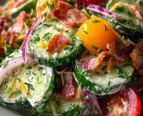 Delicious Cucumber Ranch Crack Salad garnished with fresh vegetables.