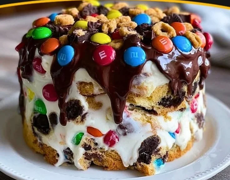 Decadent Chocolate Ice Cream Cake with M&M's and cookie dough