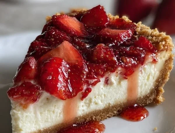 Decadent creamy baked strawberry cheesecake topped with fresh strawberries.