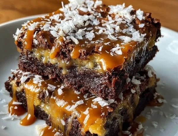 Decadent fudgy caramel Samoa brownies with layers of chocolate and caramel.
