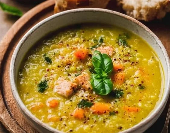 Bowl of delicious classic split pea soup garnished with herbs