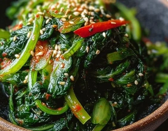 A colorful bowl of delicious Korean spinach salad with sesame seeds and dressing