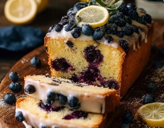 Slice of delicious lemon blueberry cake topped with fresh blueberries and lemon zest
