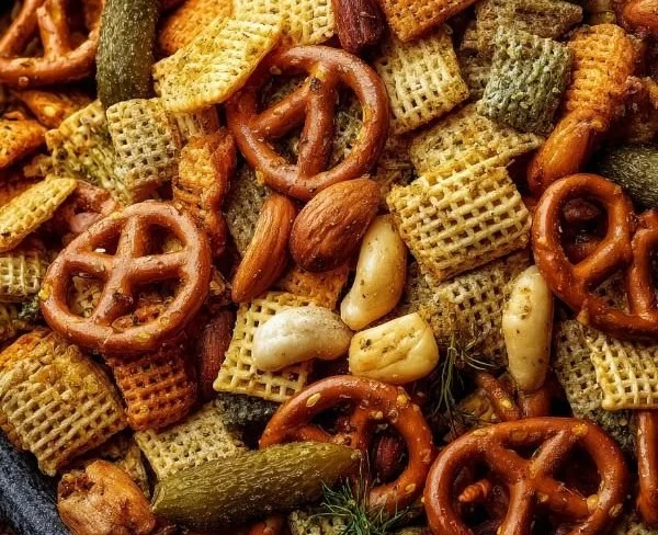 Delicious Dill Pickle Chex Mix in a bowl, a perfect snack for parties.