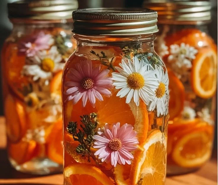 Homemade orange gel air fresheners in a decorative jar for room freshness