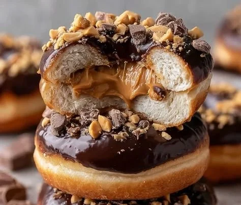 Chocolate peanut butter donuts stuffed with chocolate peanut butter cups