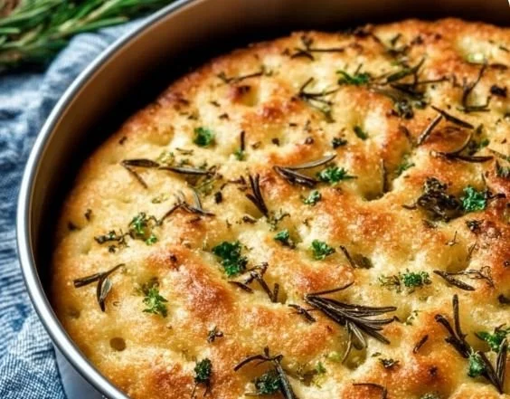 Freshly baked herbed focaccia bread topped with herbs and olive oil