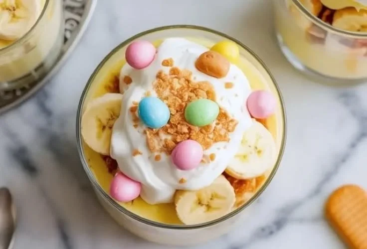 Easter Banana Pudding Cups in colorful serving dishes.
