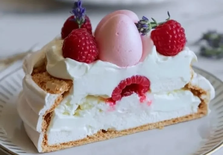 Beautiful Easter Pavlova topped with fresh fruits and cream