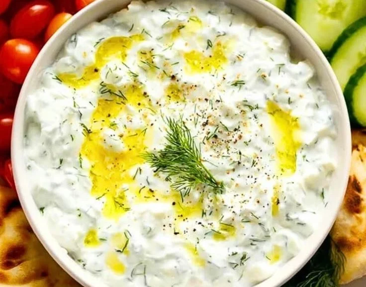 Homemade tzatziki sauce served in a bowl with fresh herbs and cucumbers