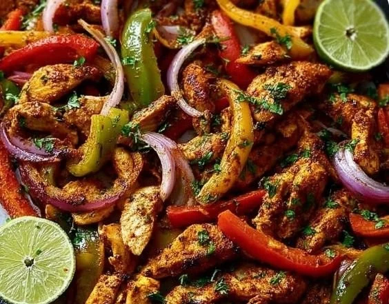 Sheet pan chicken fajitas with peppers and onions, ready to serve for a quick meal