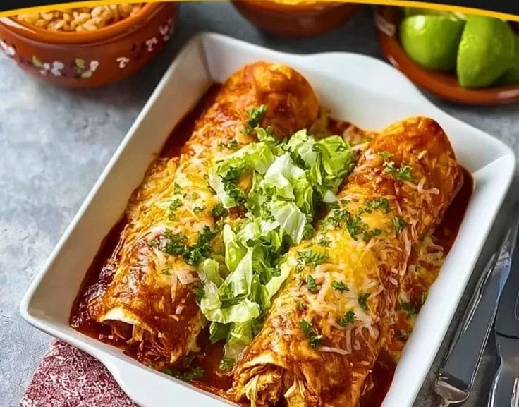 Delicious rotisserie chicken enchiladas topped with cheese and cilantro
