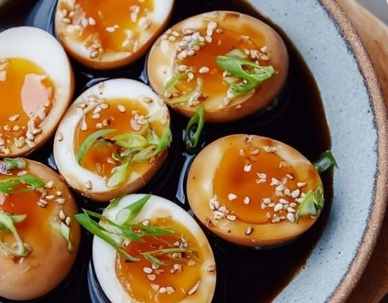 Easy soy sauce eggs garnished and ready to serve