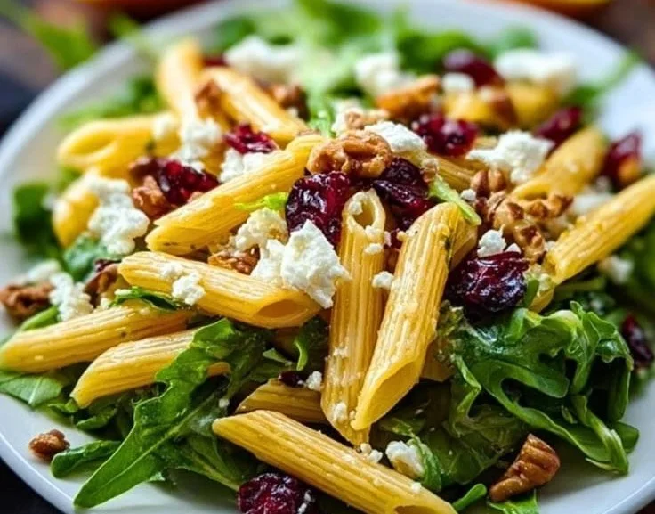 Feta and Cranberry Penne Salad with Orange Vinaigrette in a white bowl