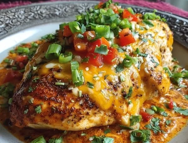 Delicious baked queso chicken topped with melted cheese and spices