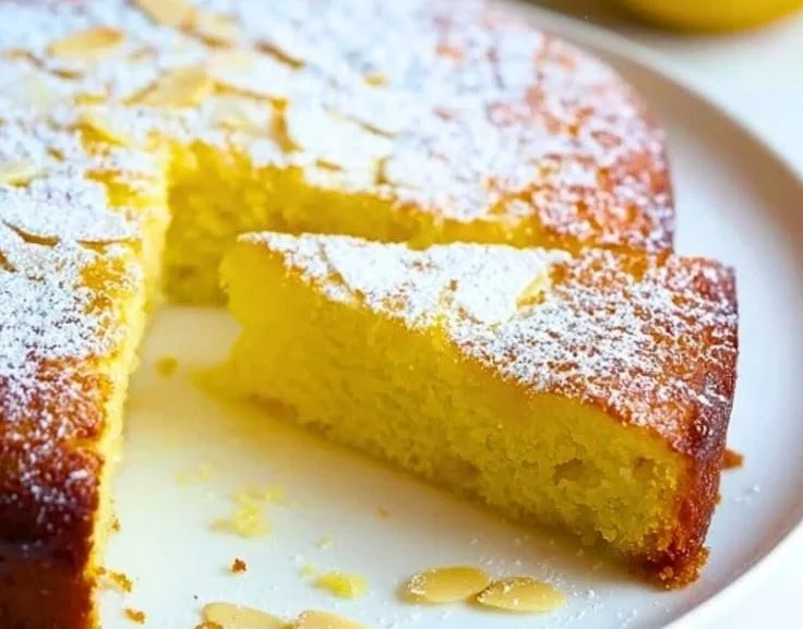 Sliced Flourless Lemon Almond Cake on a rustic wooden table