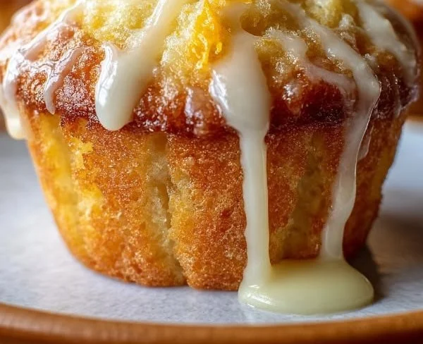 Fluffy orange muffin drizzled with creamy glaze on a plate