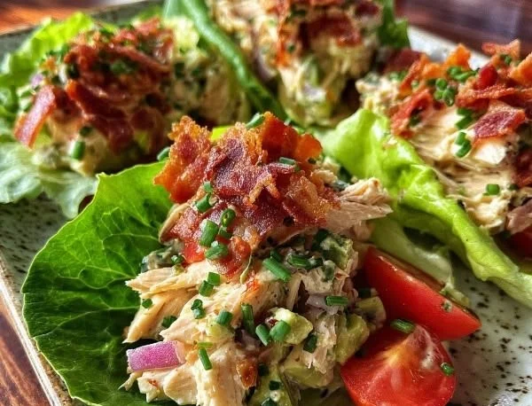 Fresh BLT Chicken Salad Lettuce Wraps ready to eat
