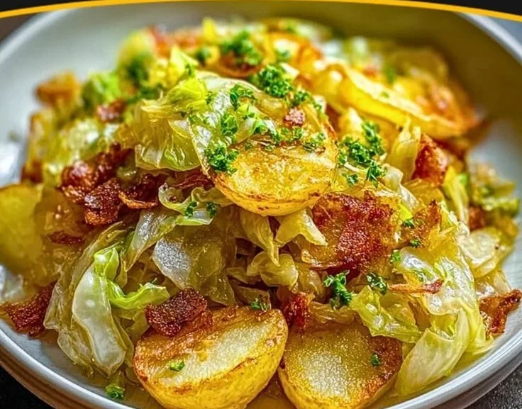 Plate of fried cabbage and potatoes served with herbs and spices