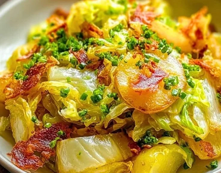 Delicious plate of fried cabbage and potatoes recipe.