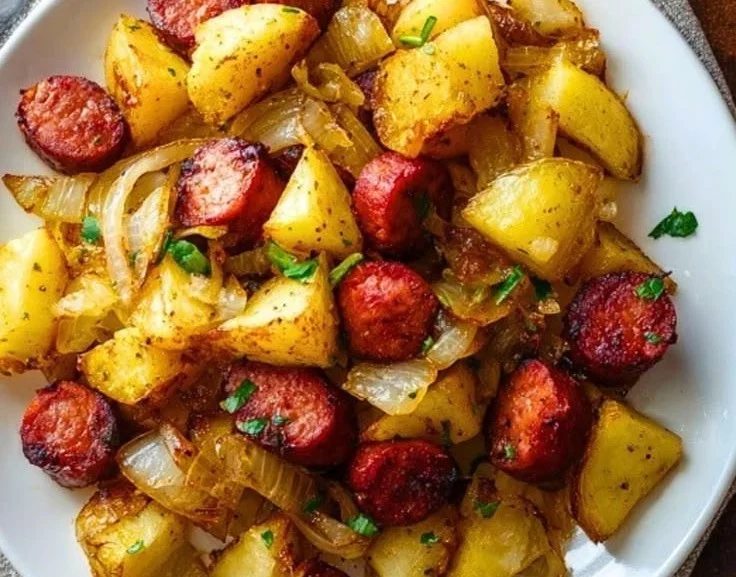 Fried potatoes with onions and smoked Polish sausage served on a plate.