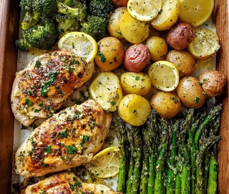 Garlic Butter Chicken sheet pan with vibrant vegetables for a delicious meal.
