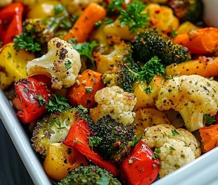 Plate of garlic roasted vegetables with colorful carrots, zucchini, and bell peppers.