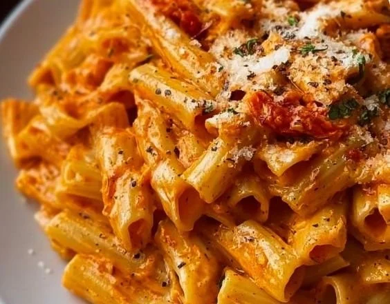 Plate of Gigi Hadid's famous spicy pasta garnished with herbs
