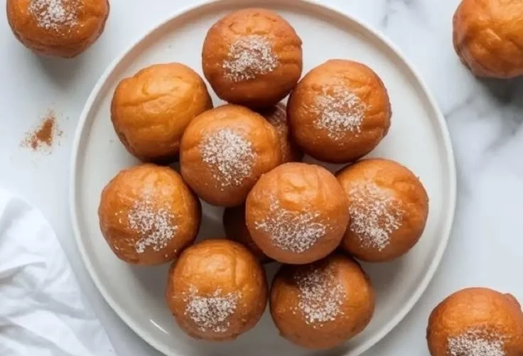 Freshly baked gluten free donut holes dusted with powdered sugar.