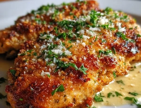 Golden Parmesan Crusted Chicken served with Garlic Sauce on a plate