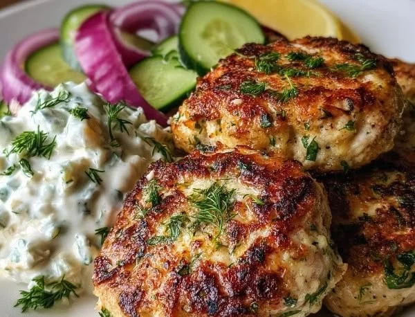 Plate of Greek chicken patties with tzatziki sauce and cucumber salad.