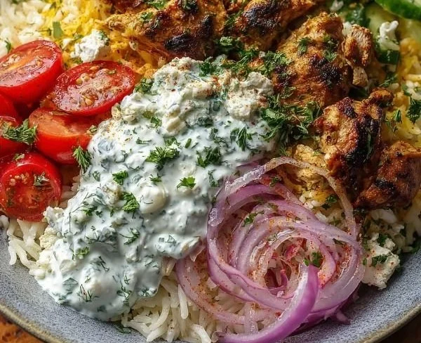 Greek Chicken Rice Bowl with creamy tzatziki sauce and fresh vegetables
