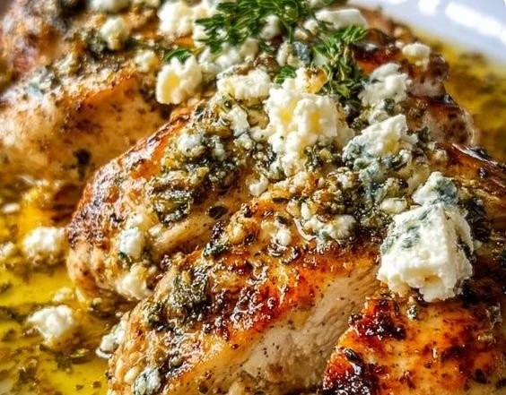 Plate of Greek Chicken with Lemon and Feta garnished with herbs.