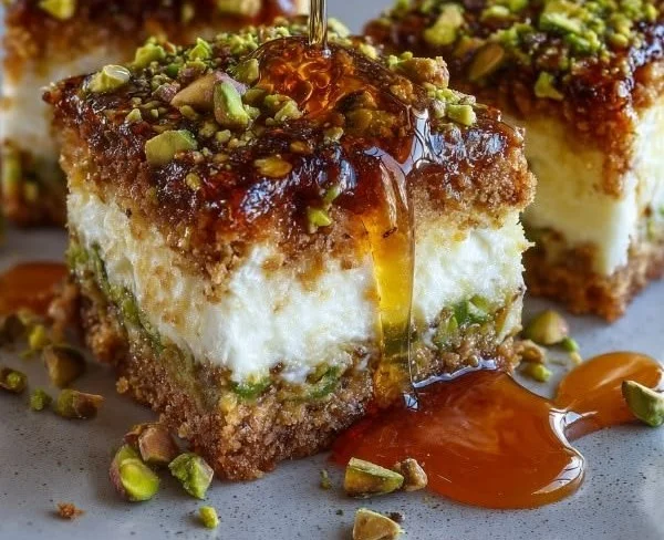Greek Honey Pistachio Cheesecake Bars on a rustic wooden table