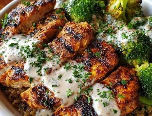 Grilled chicken and broccoli bowls with creamy garlic sauce on a plate