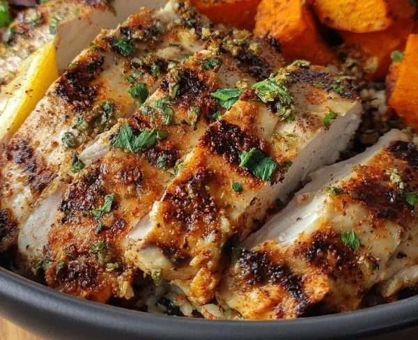 Grilled chicken served over a bed of sweet potatoes in a nutritious bowl