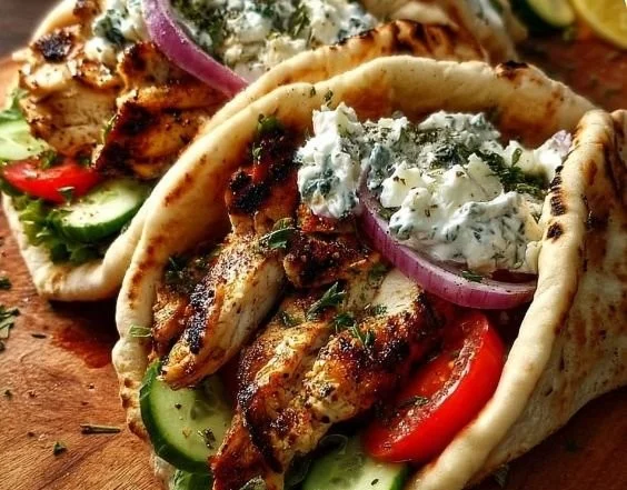 Grilled Greek Chicken Gyros with fresh vegetables and tzatziki sauce