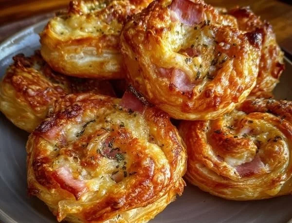 Ham and cheese puff pastry swirls on a baking tray, fresh out of the oven.